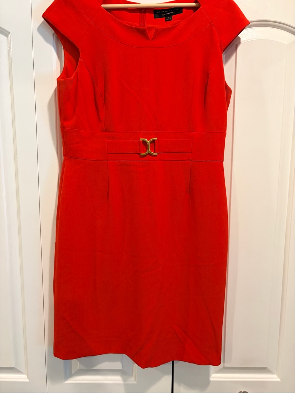 T Tahari Bright Red Sheath Dress with Gold Belt Detail